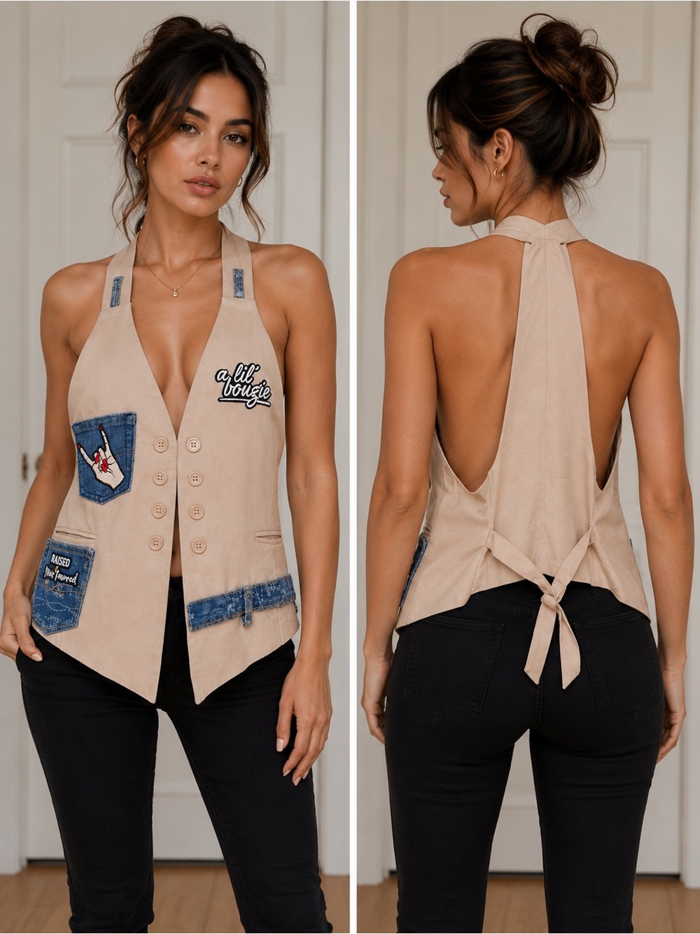 Upcycled Beige Vest with Denim and Patch Accents size L